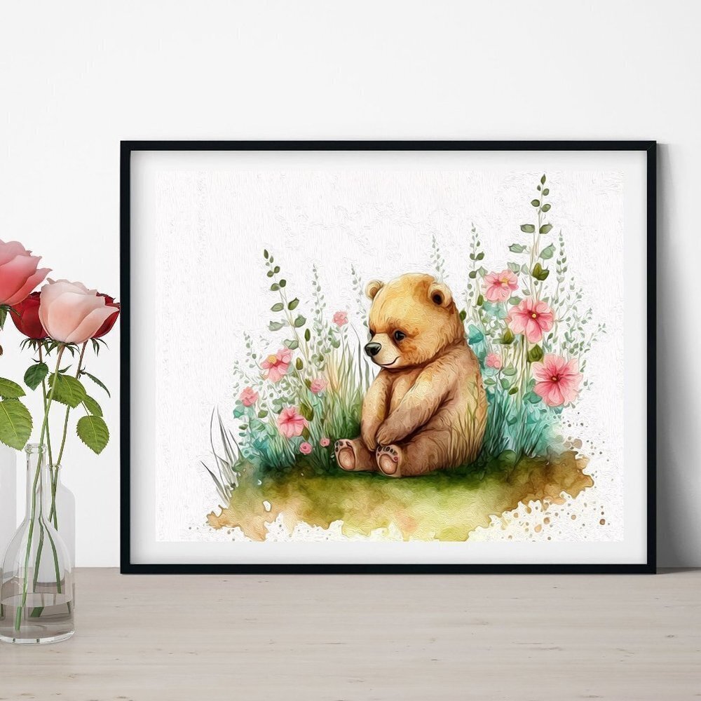 Cute Teddy Bear Watercolor Floral Illustration Art Painting Print‎